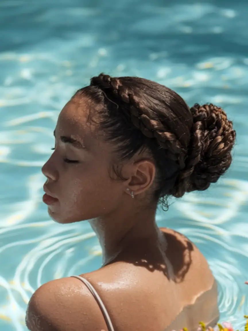 Fresh Swimming Hairstyles for Summer 2025 Goddess Crown Braids into Bun