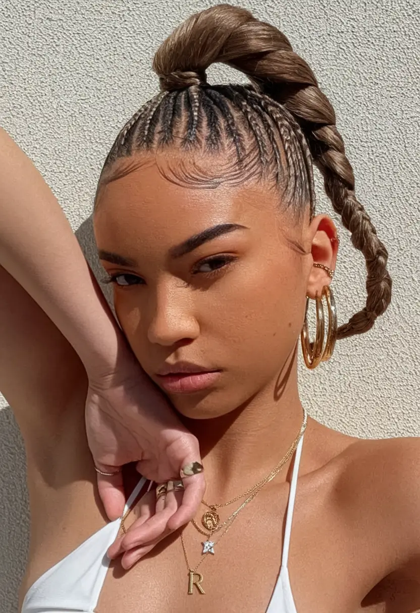 Fresh Swimming Hairstyles for Summer 2025 Braided Crown Twist Ponytail