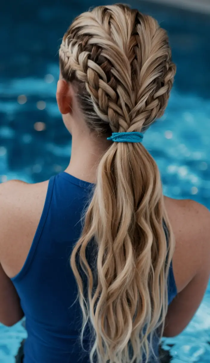 Fresh Swimming Hairstyles for Summer 2025 Woven Crown Pony for Poolside Glam