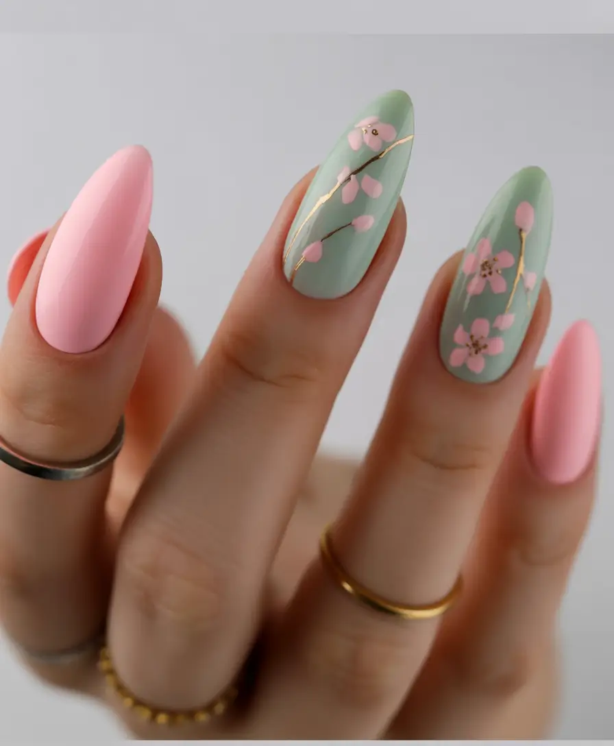 Almond Nail Inspo for a Cute Summer 2025 Look Soft Spring Florals in Blush and Sage