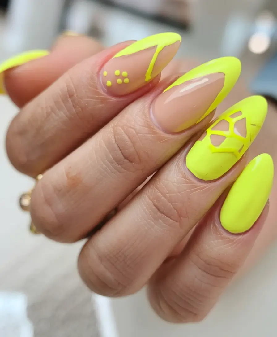 Almond Nail Inspo for a Cute Summer 2025 Look Neon Yellow Texture Play