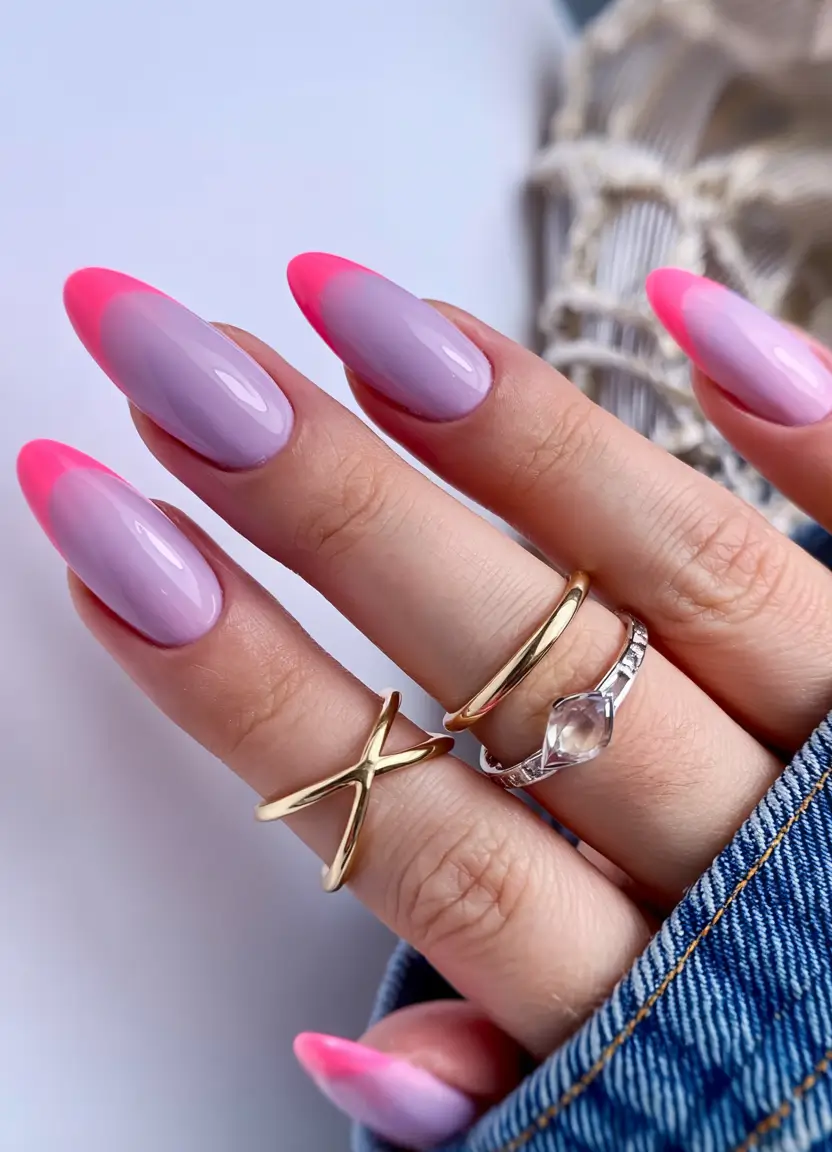 Almond Nail Inspo for a Cute Summer 2025 Look Neon French Fade in Pink & Lilac