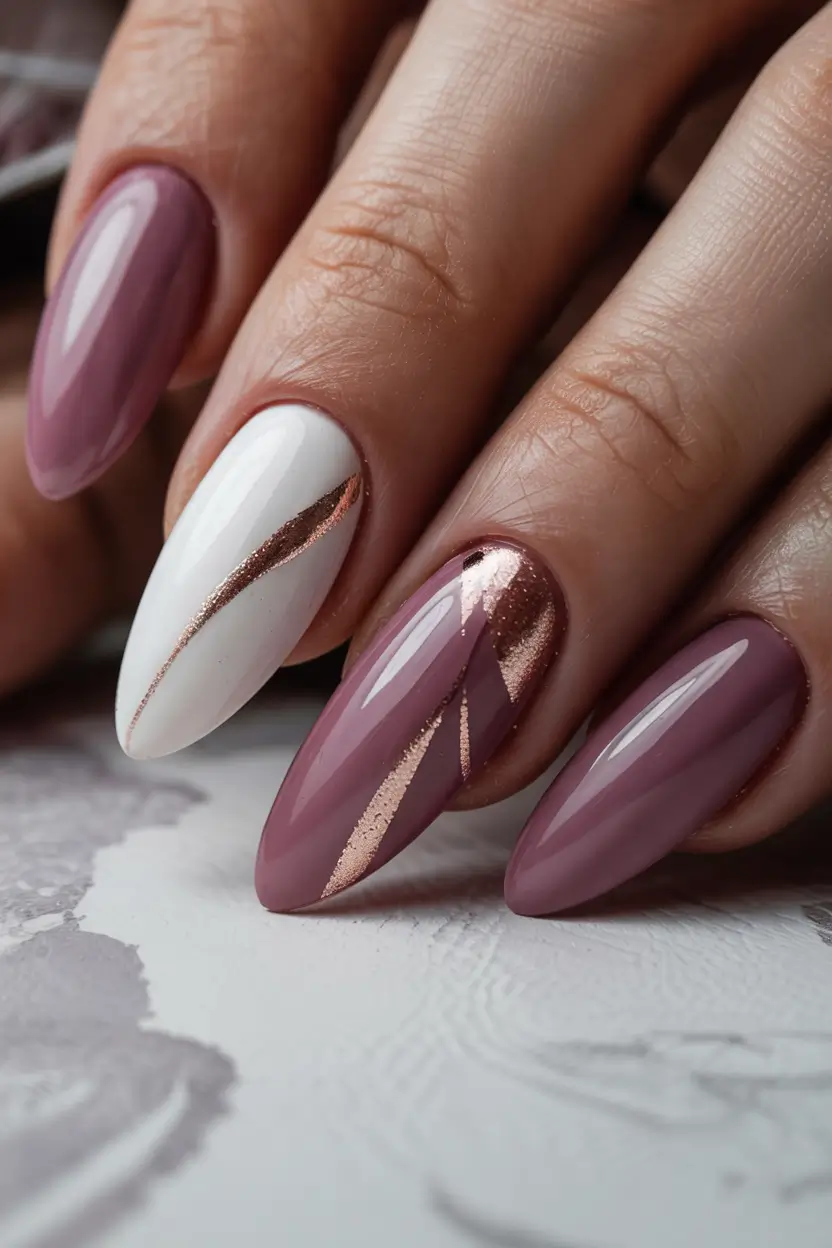 Almond Nail Inspo for a Cute Summer 2025 Look Modern Mauve with Rose Gold Accents