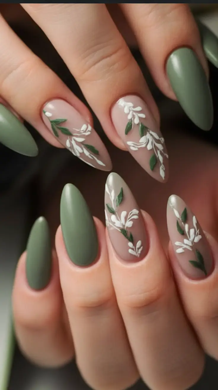 Almond Nail Inspo for a Cute Summer 2025 Look Matte Green Botanicals for Nature Girls