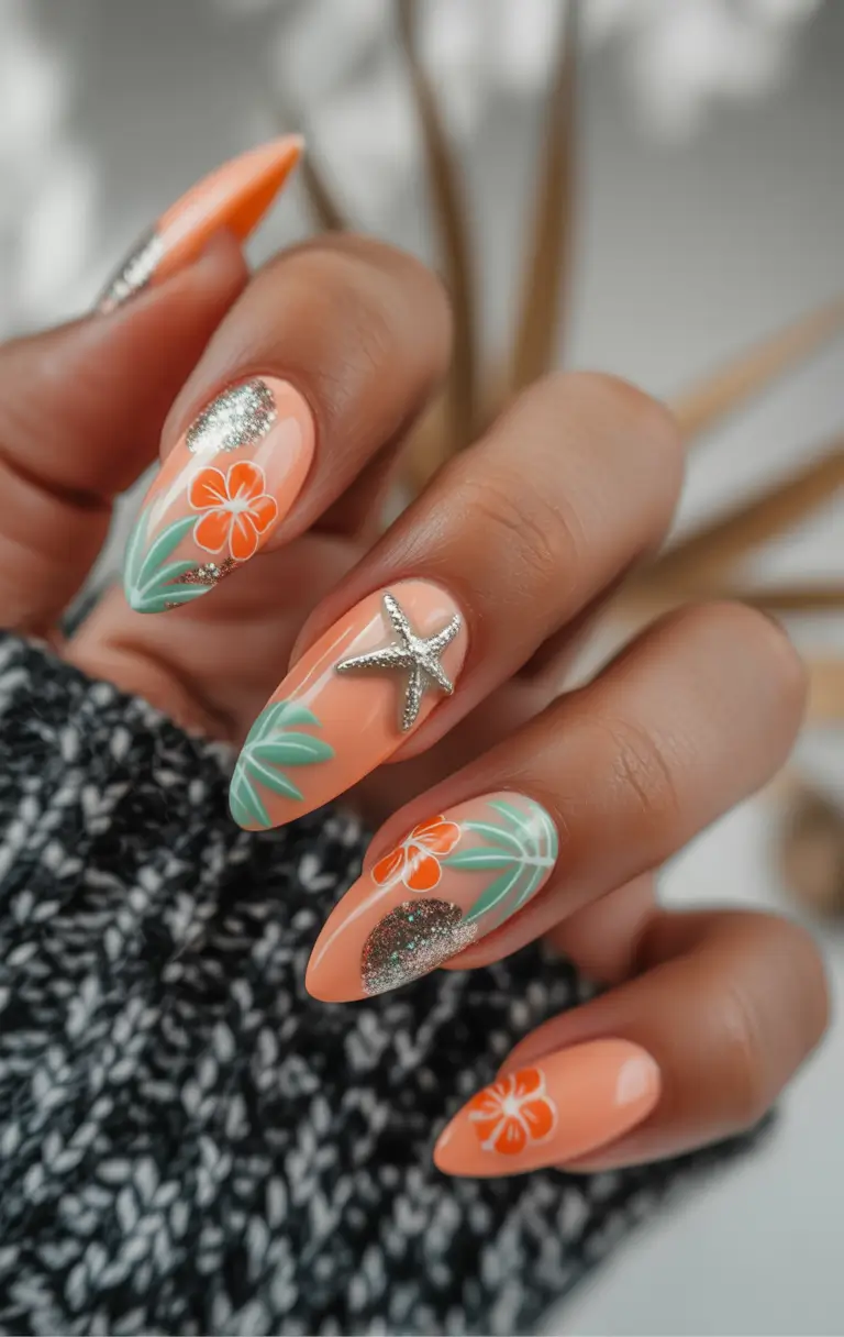 Almond Nail Inspo for a Cute Summer 2025 Look Tropical Bloom with a Hint of Glam