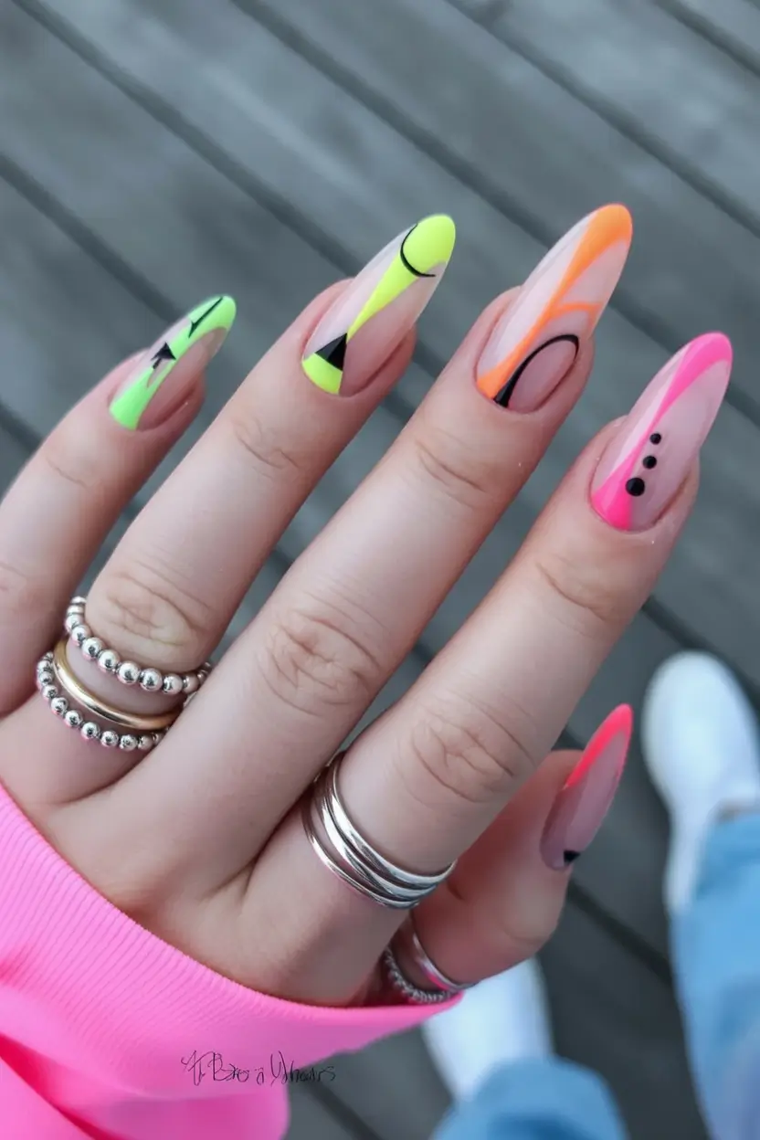 Almond Nail Inspo for a Cute Summer 2025 Look Electric Neon Meets Abstract Geometry
