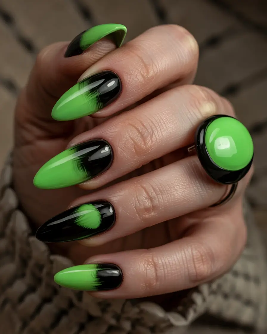 Almond Nail Inspo for a Cute Summer 2025 Look Alien Chic: Black and Neon Blur
