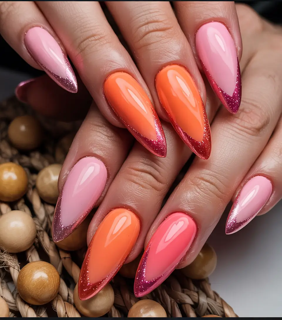 Almond Nail Inspo for a Cute Summer 2025 Look Sunset Sorbet French Twist