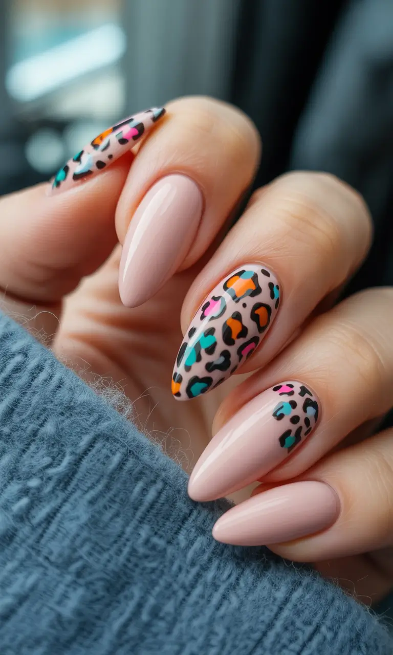 Almond Nail Inspo for a Cute Summer 2025 Look Glossy Nude Meets Rainbow Leopard
