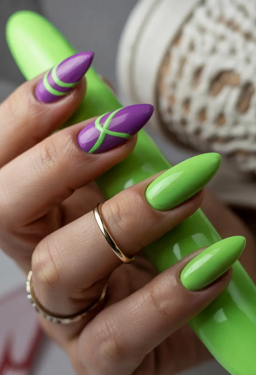 Almond Nail Inspo for a Cute Summer 2025 Look Vivid Green and Purple for Bold Summer Energy