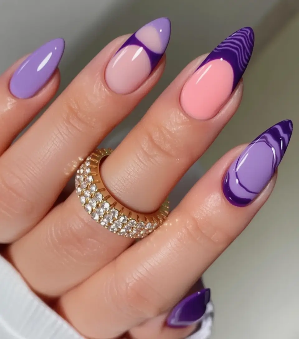 Almond Nail Inspo for a Cute Summer 2025 Look Two-Tone Waves in Lilac and Bubblegum