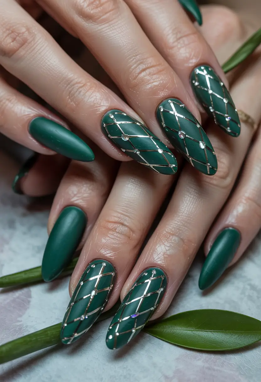 Almond Nail Inspo for a Cute Summer 2025 Look Matte Emerald Grid with Gem Accents