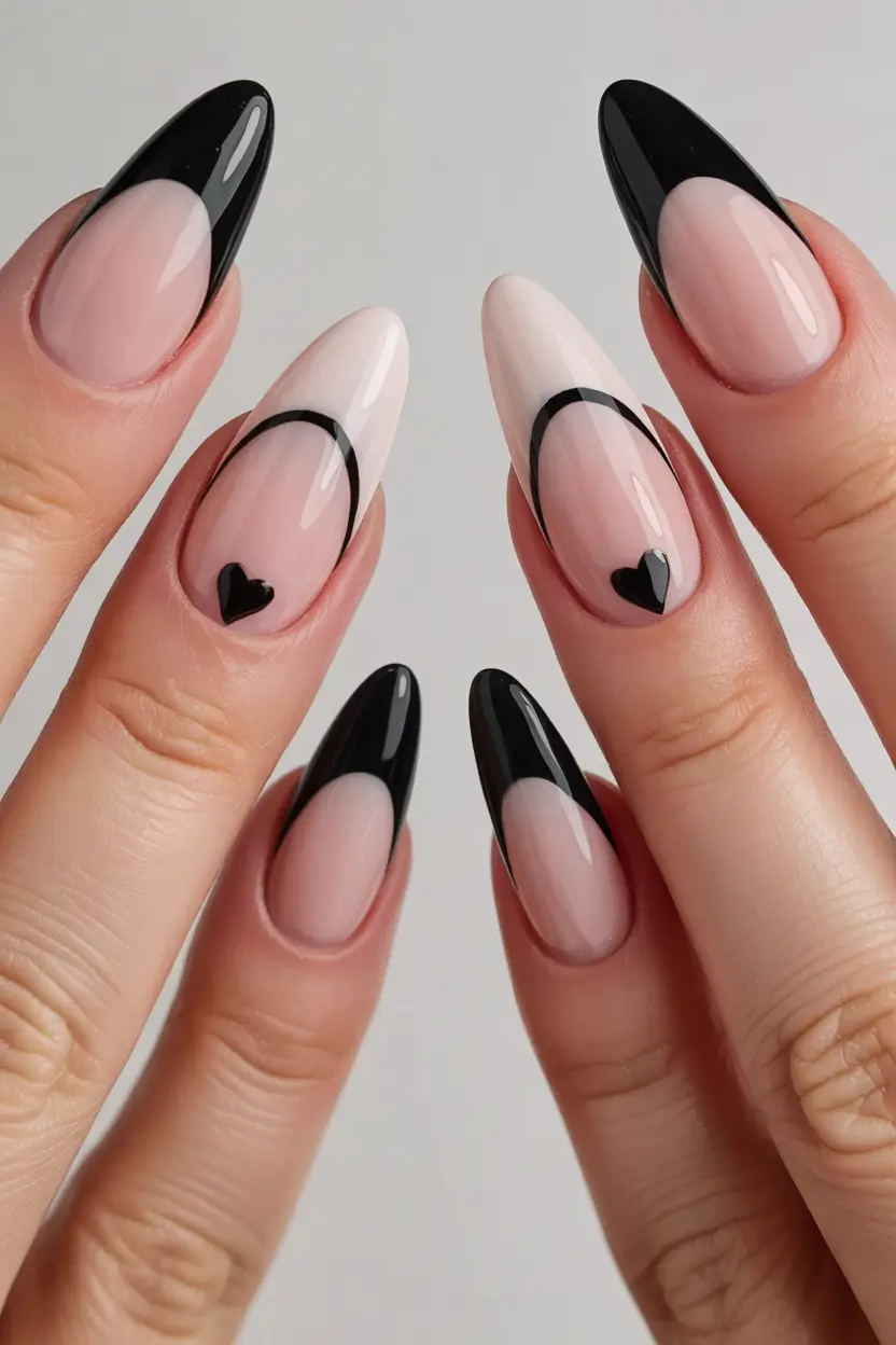 basic summer nails ideas 2025 Graphic Black Almond with Hearts