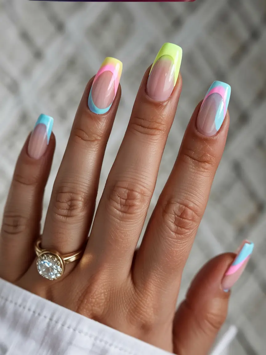 basic summer nails ideas 2025 Neon French with Candy-Colored Vibes