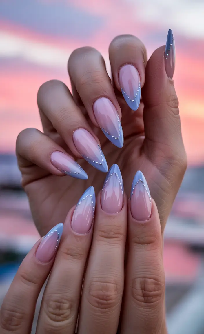 basic summer nails ideas 2025 Blue Shimmer Stiletto Elegance