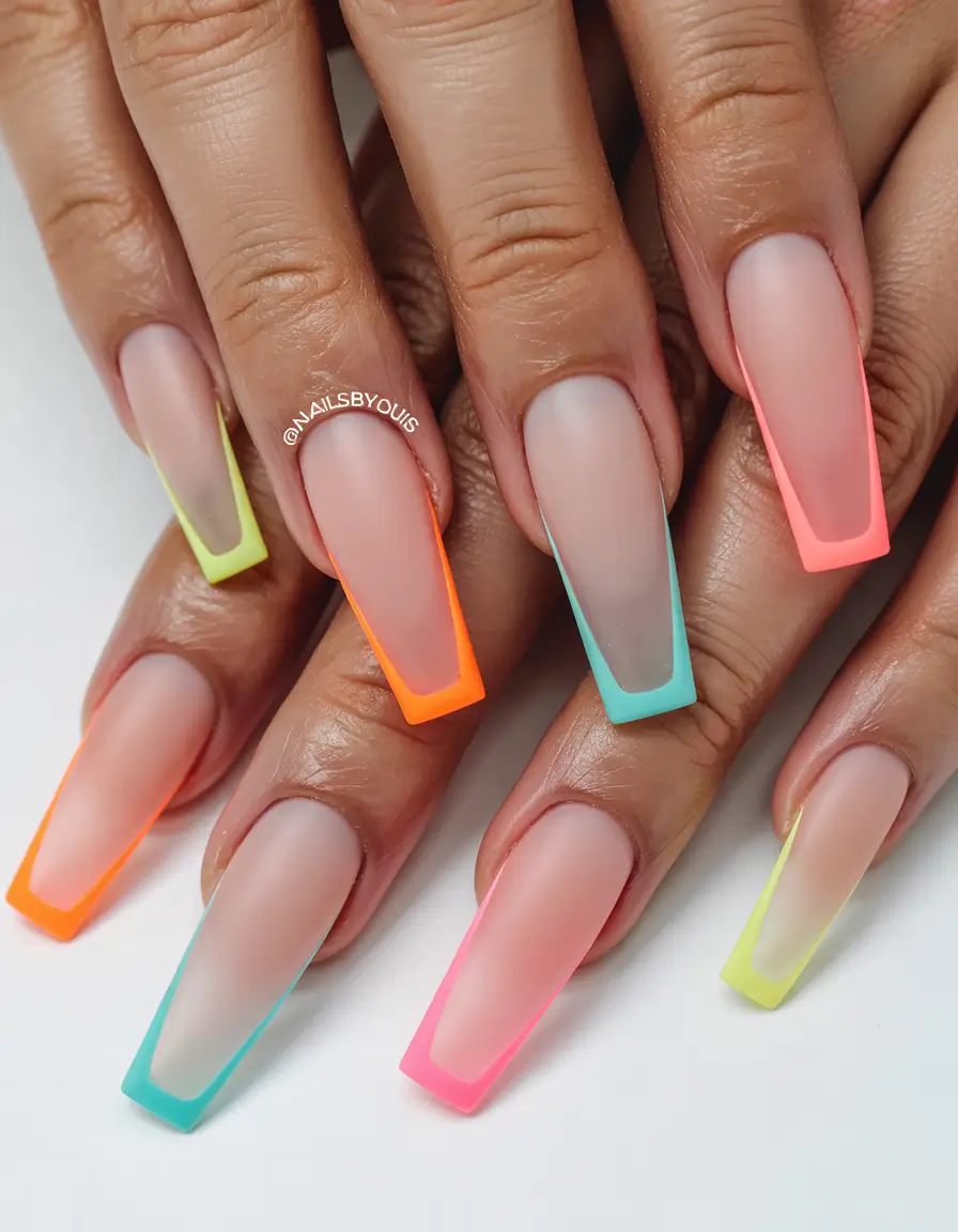 basic summer nails ideas 2025 Matte Neon Border Square Set