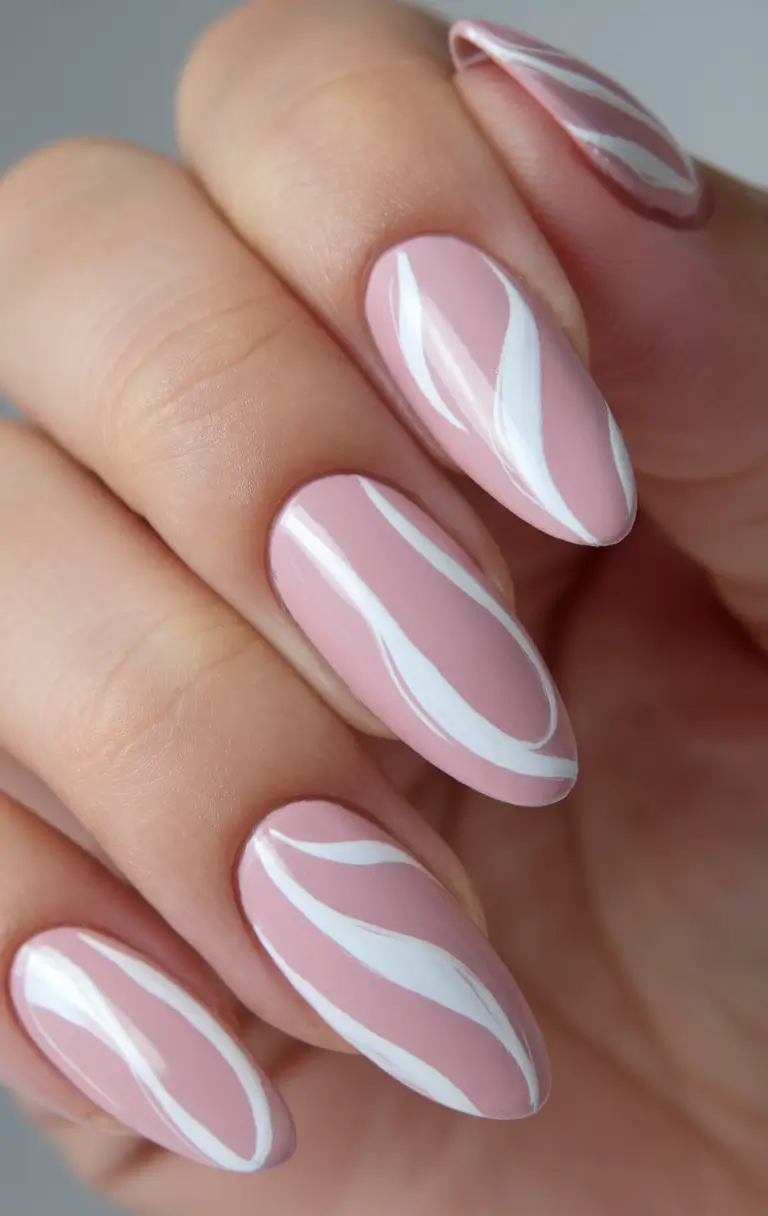 basic summer nails ideas 2025 Curvy White Art Lines on Dusty Pink
