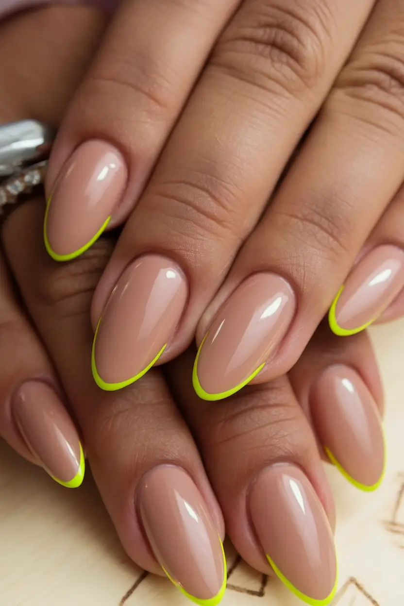 basic summer nails ideas 2025 Electric Edge: Nude Base with Neon French