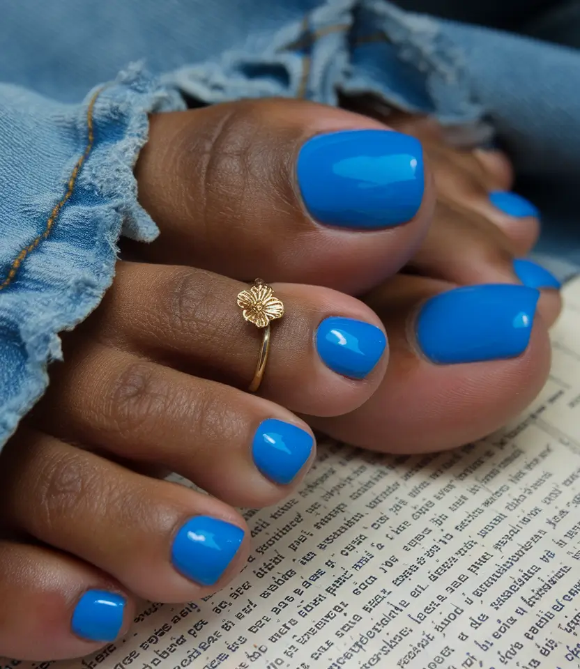 Beach Toe Nails for Summer 2025 Bright Blue Vibes with a Touch of Gold