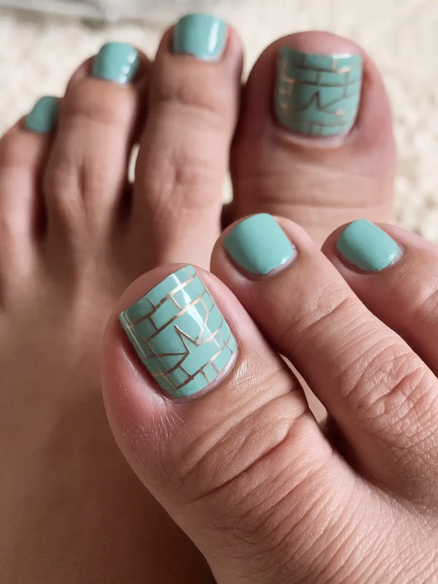 Beach Toe Nails for Summer 2025 - Mint Grid with a Golden Edge