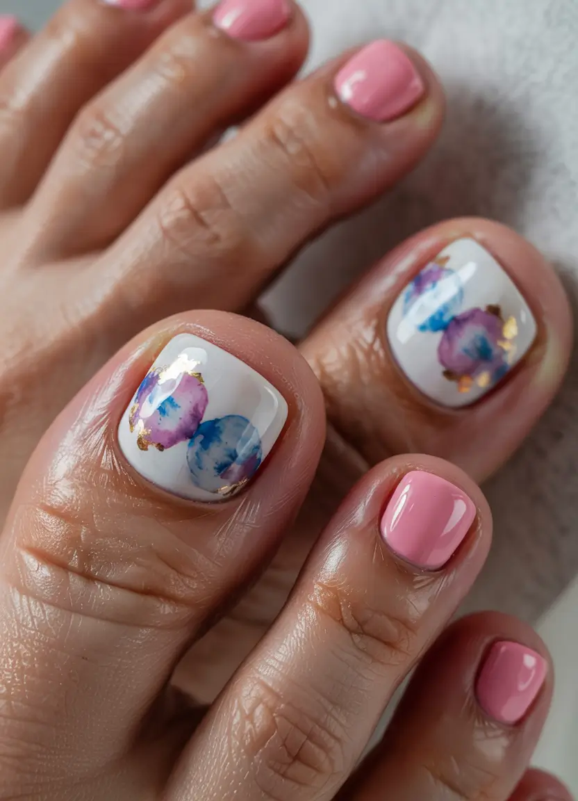 Beach Toe Nails for Summer 2025 - Watercolor Blooms in Pastel Pink
