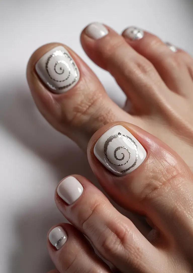 Beach Toe Nails for Summer 2025 Minimalist Spirals with a Metallic Twist