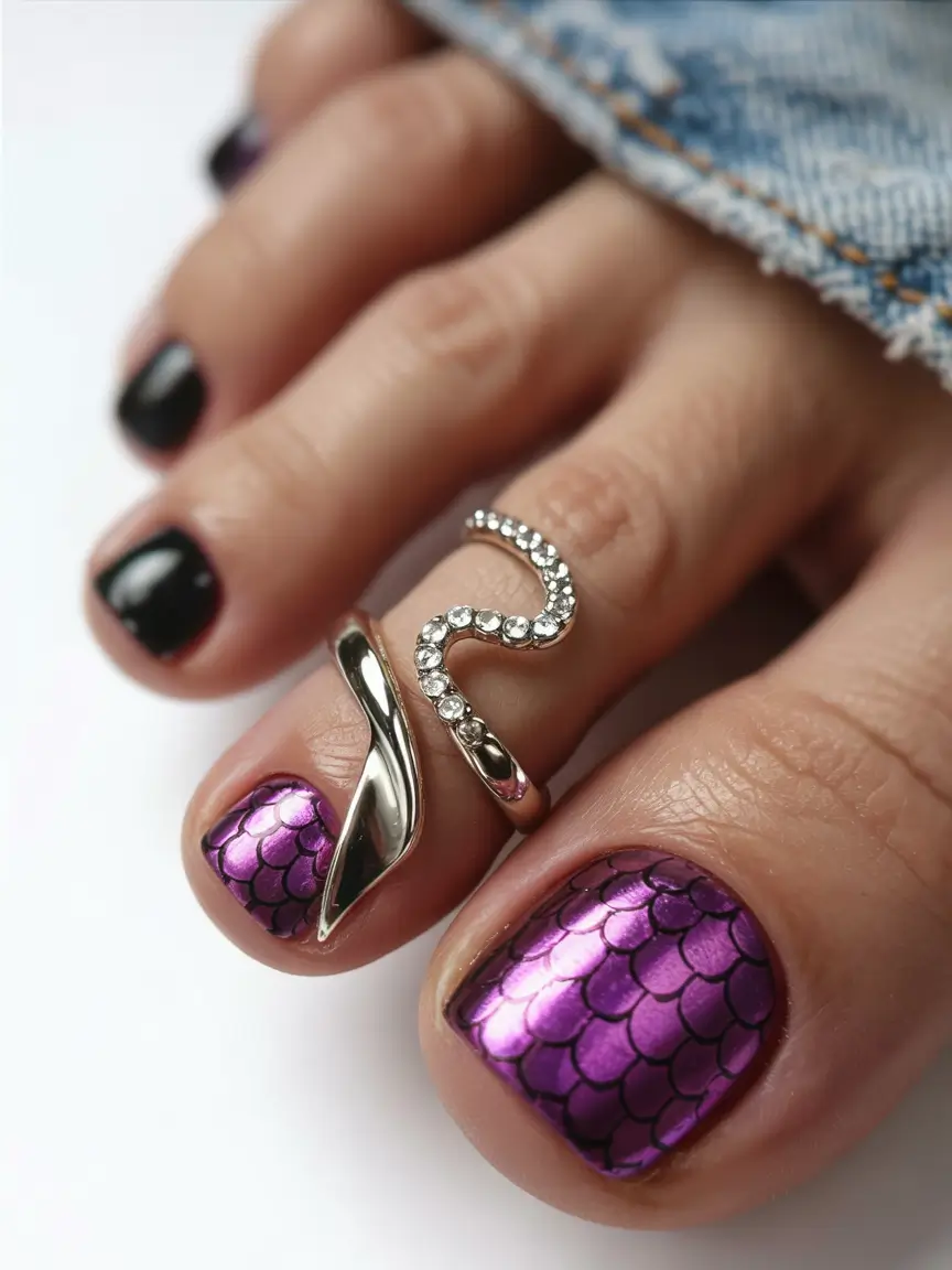 Beach Toe Nails for Summer 2025 - Mermaid Chrome with a Scale Pattern