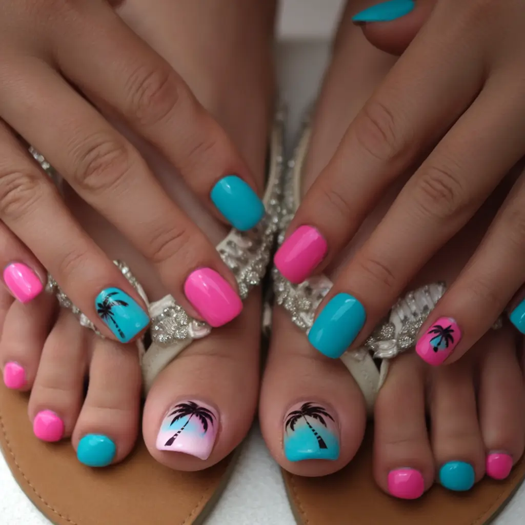 Beach Toe Nails for Summer 2025 Pink Palms and Sunset Dreams