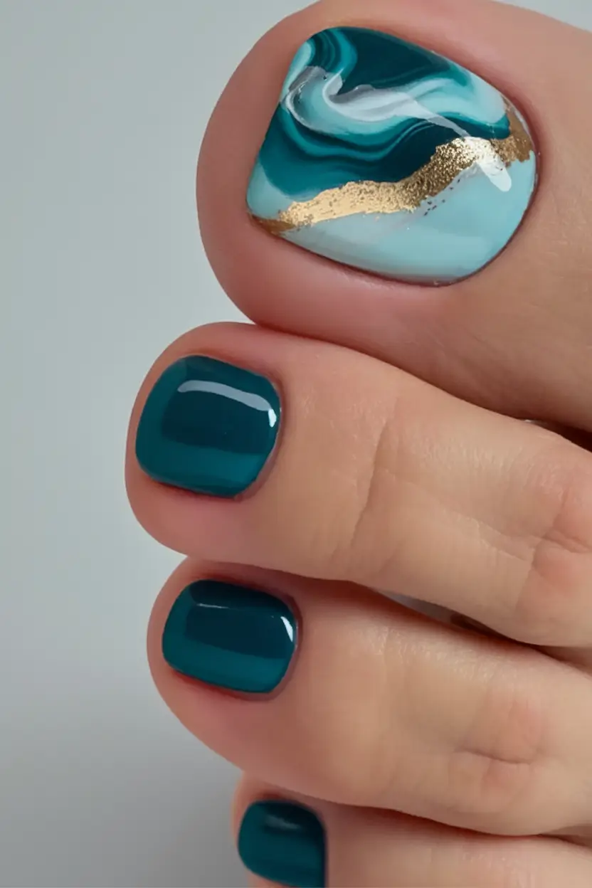 Beach Toe Nails for Summer 2025 Deep Waters and Gold-Touched Waves