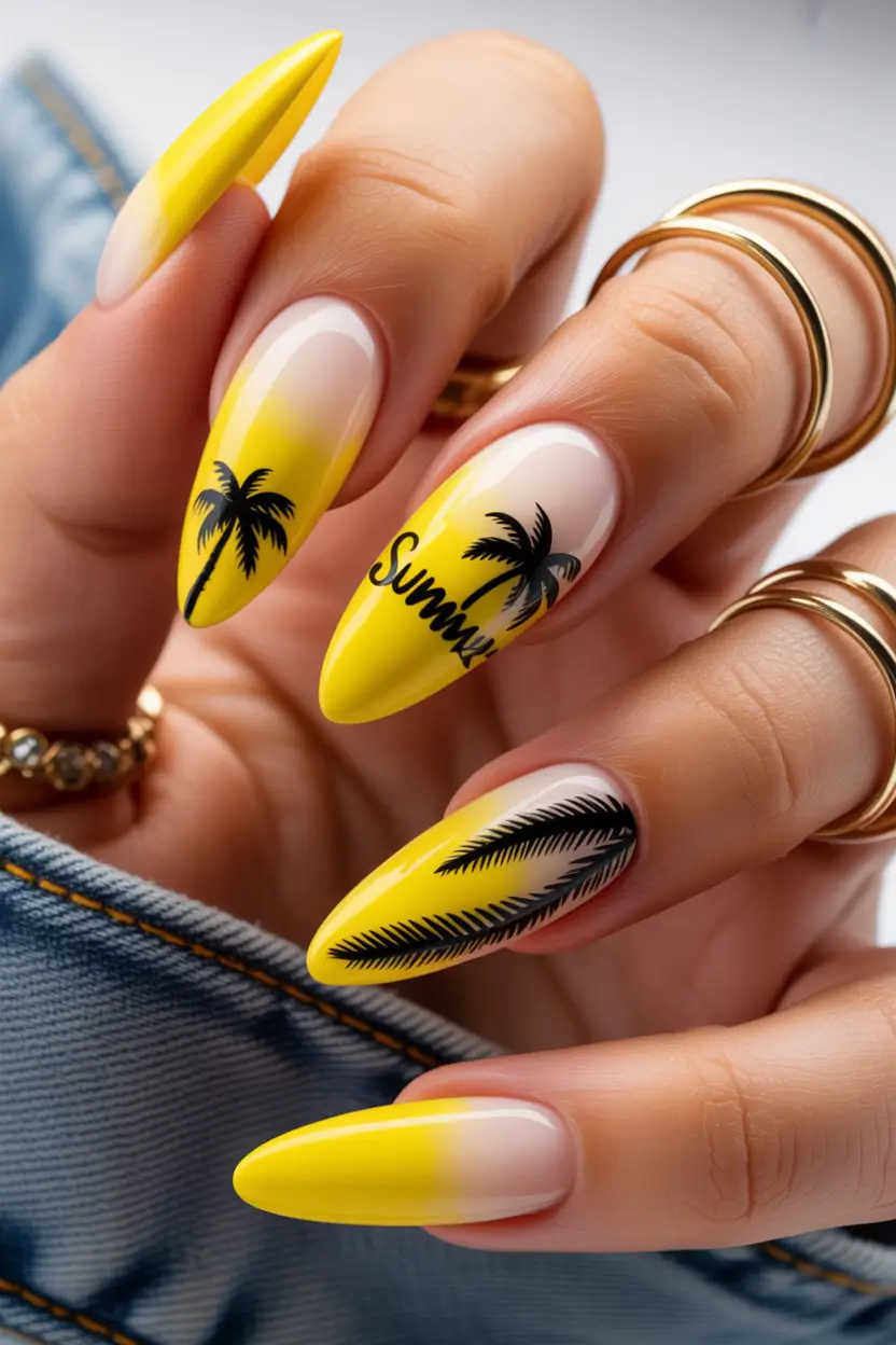 Beach-Ready Nails for 2025 Sunset Palms on Almond Tips