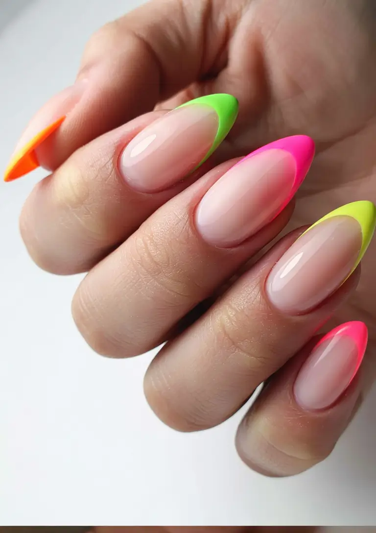 Beach-Ready Nails for 2025 Frosted Neon Fade with a Citrus Pop