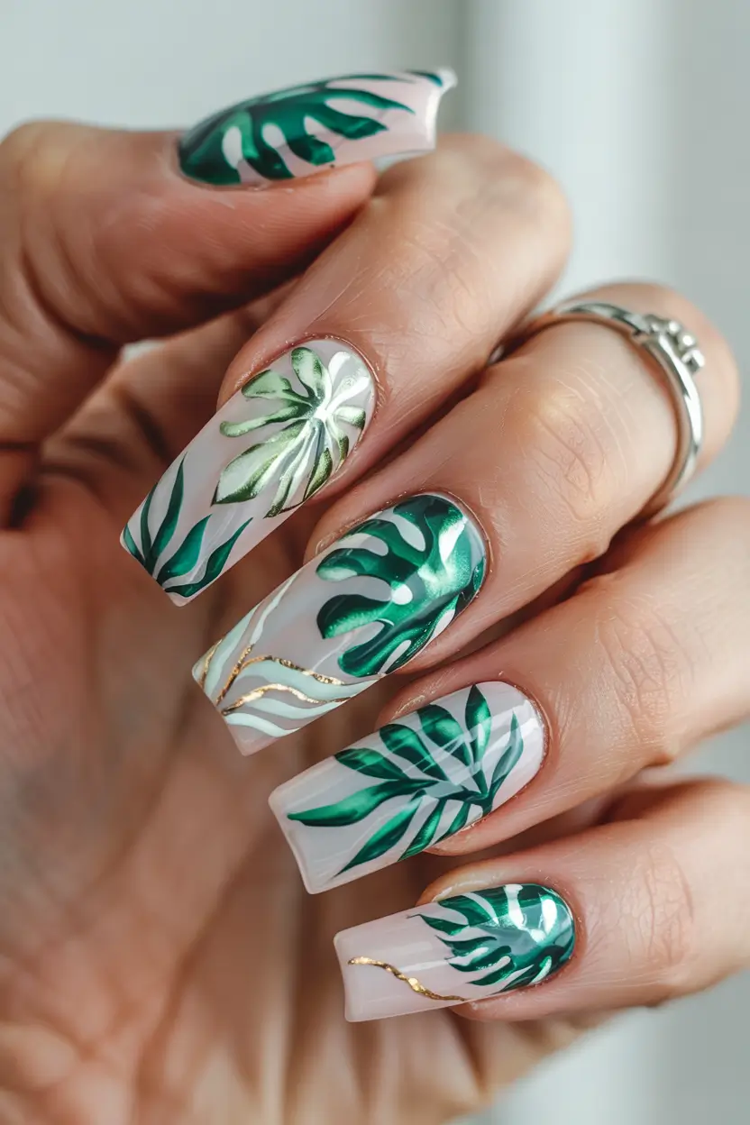 Beach-Ready Nails for 2025 Jungle Vibes with Metallic Hints