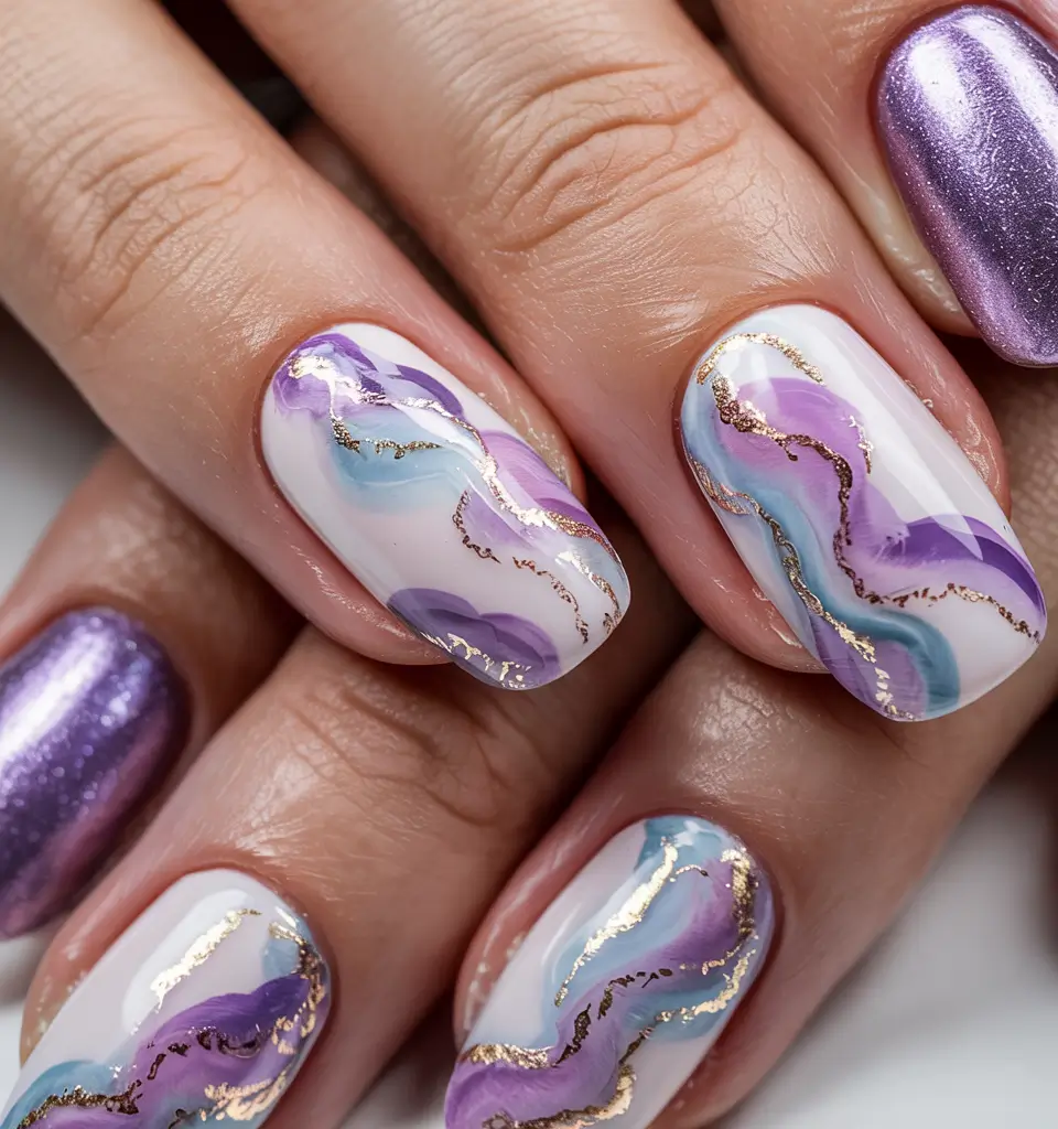 Best July Nail Colors for 2025 Metallic Marble with Lavender Currents