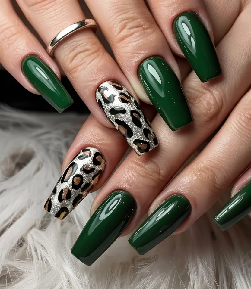 Best July Nail Colors for 2025 Jungle Chic in Deep Green and Leopard Luxe