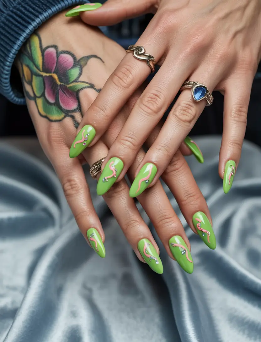 Best July Nail Colors for 2025 Electric Green with Flamingo Flair