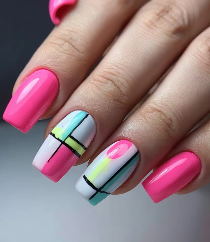 Best July Nail Colors for 2025 Graphic Pop with Neon Geometry