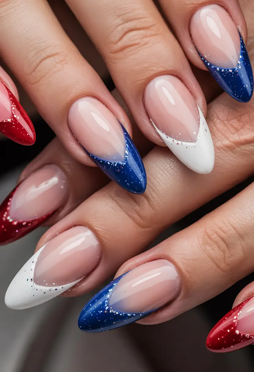 Best July Nail Colors for 2025 Patriotic French with a Glittered Edge