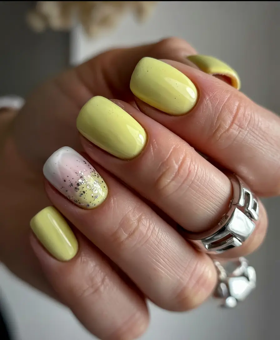 best june nail colors for 2025 Sunbeam Yellow Meets Sparkle Fade