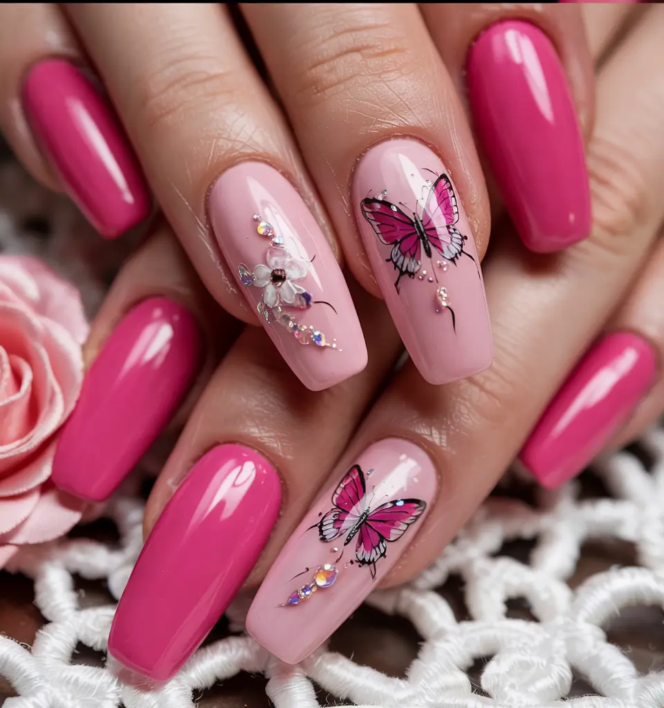 best june nail colors for 2025 Pink Butterfly Charms