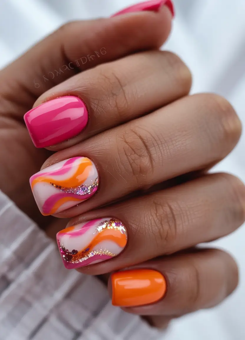 best june nail colors for 2025 Sunset Swirls with a Citrus Twist