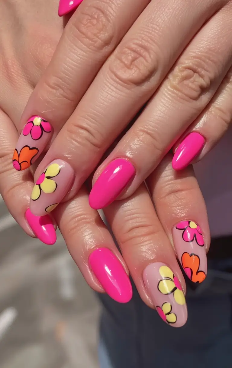 best june nail colors for 2025 Neon Floral Pop with Summer Energy
