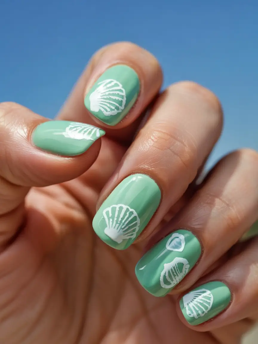 best june nail colors for 2025 Seafoam Shells & Shoreline Dreams