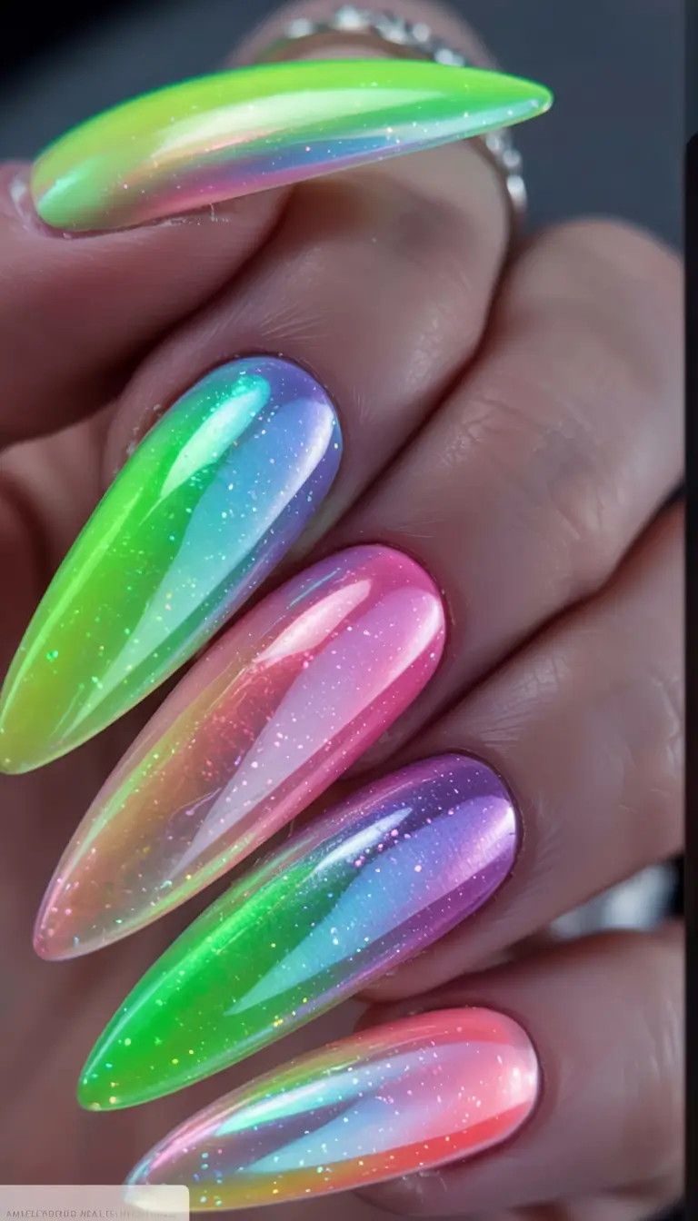 best june nail colors for 2025 Holographic Rainbow Fade on Glass Tips