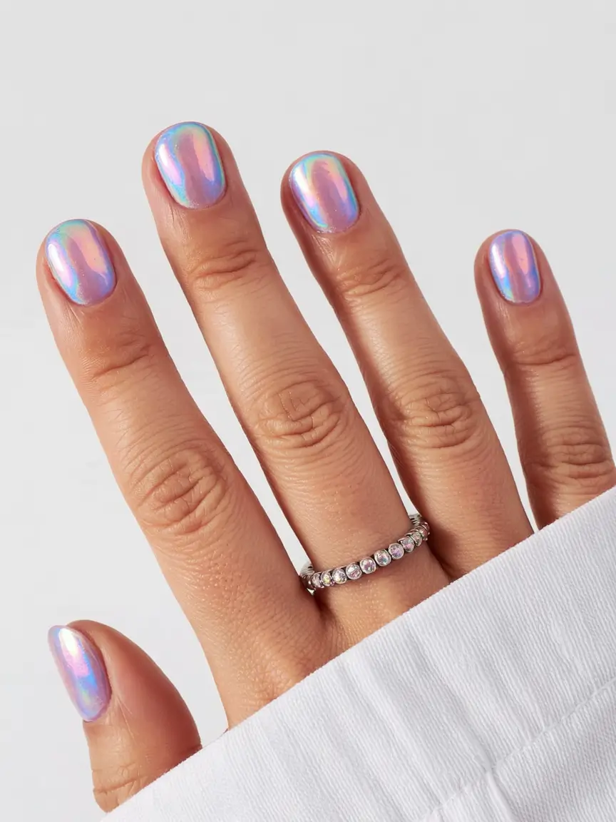 best june nail colors for 2025 Iridescent Lilac Chrome