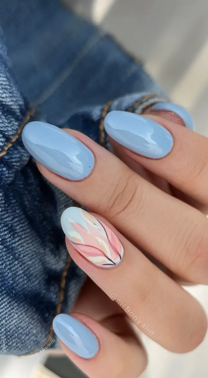 best june nail colors for 2025 Sky Blue with Minimalist Leaf Art