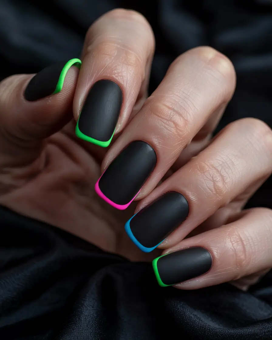 Black Summer Nails That Pop in 2025 - Matte Black French Tips with Neon Edges
