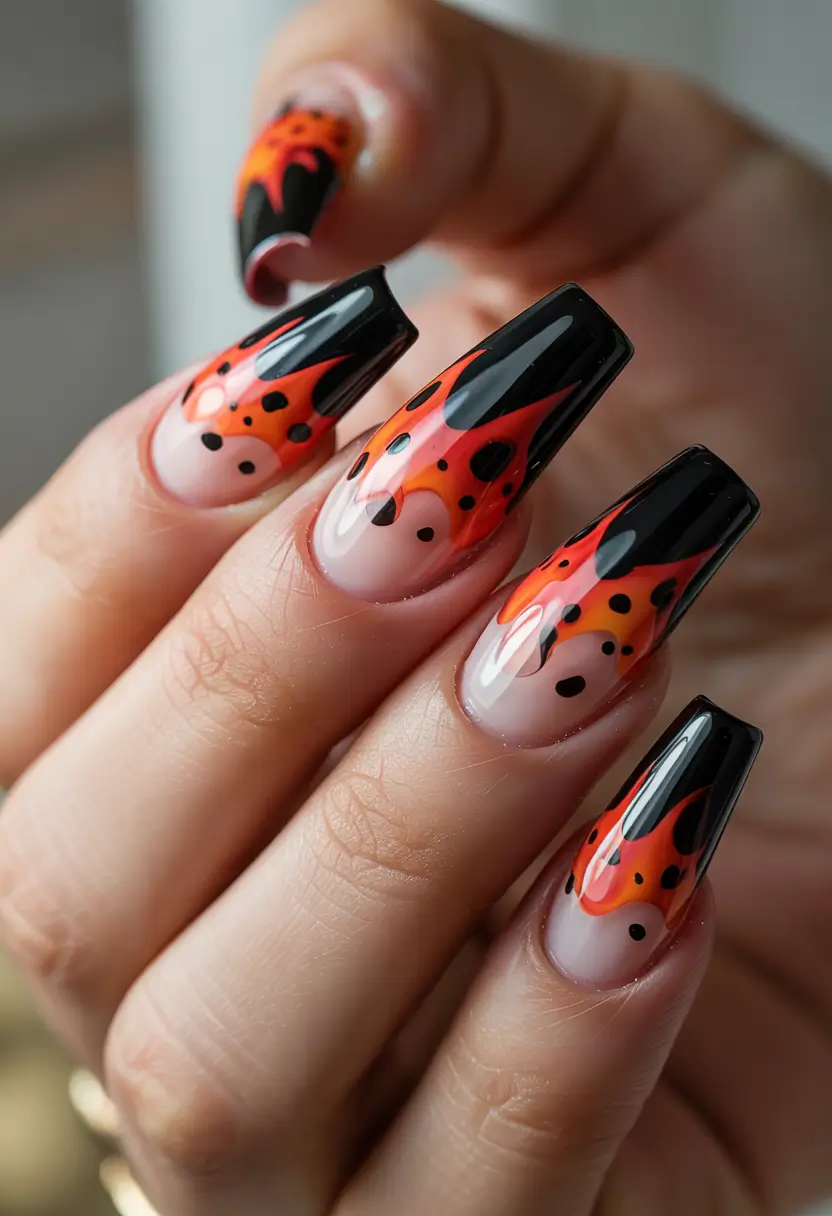 Black Summer Nails That Pop in 2025 - Fiery Lava Flames on Nude Fade