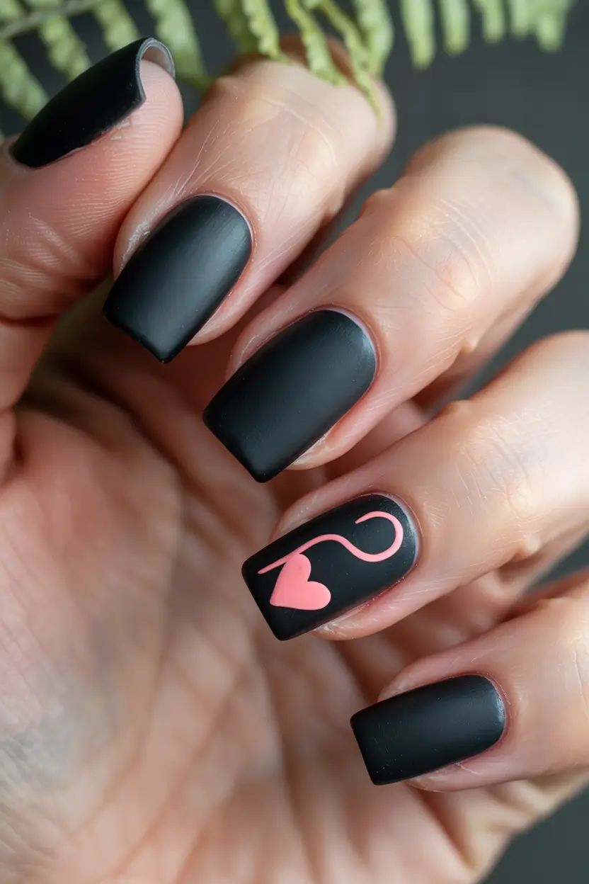 Black Summer Nails That Pop in 2025 - Minimal Matte with a Neon Heart Accent