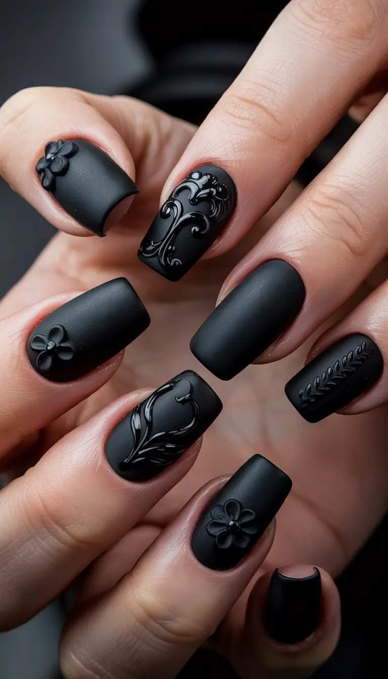Black Summer Nails That Pop in 2025 - All-Black Textured Embossed Florals