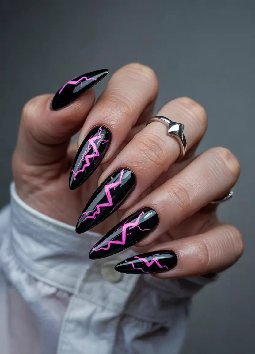 Black Summer Nails That Pop in 2025 - Neon Lightning Bolts on Jet Black